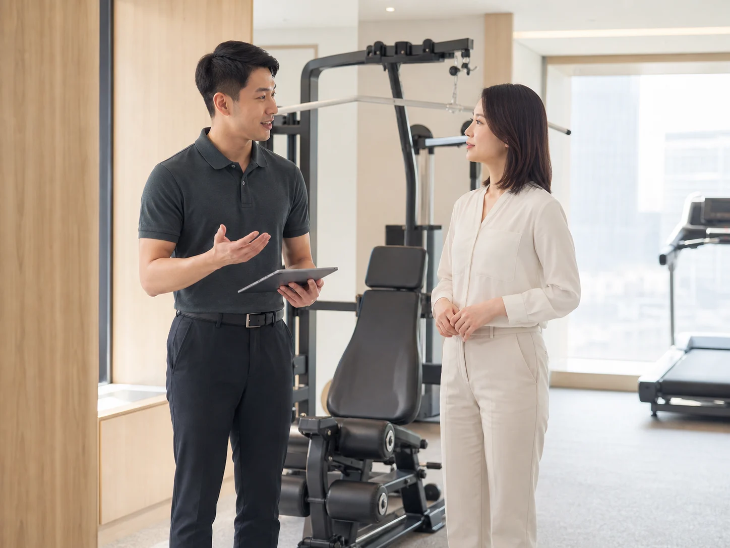 健康顧問與企業同仁討論器材使用與健康行動