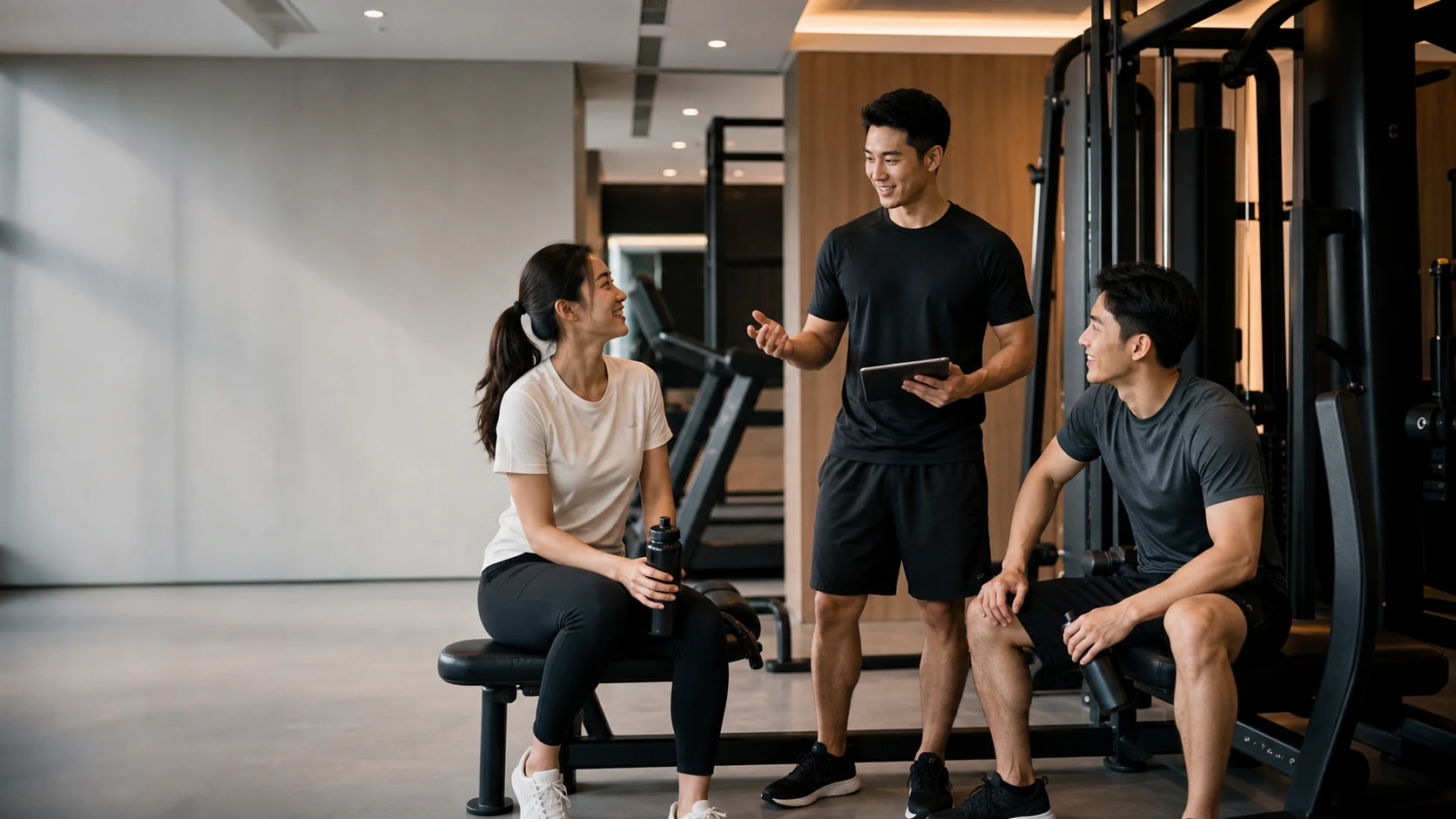 三位企業同仁在現代健身空間中交流健康訓練計畫